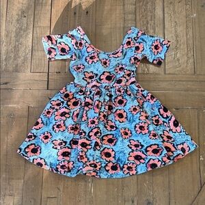 Alice + Ames blue coral flower short sleeve twirl dress girls 2 made in USA